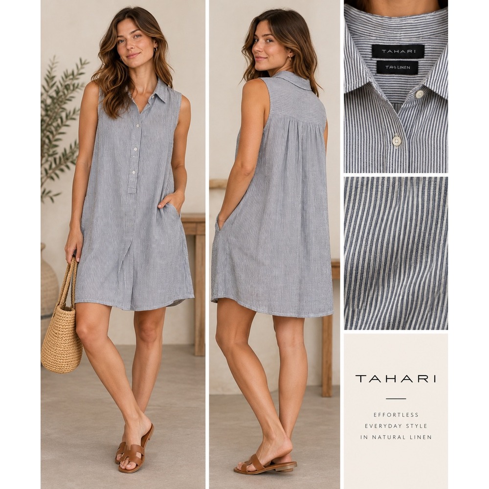 Tahari 100% Linen Sleeveless Striped Shirt Dress Blue White Plus Size 1X Pockets